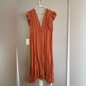 HALARA Terracotta Button-Front Maxi Dress with Pockets